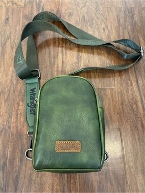 Wrangler Green Crossbody Sling Bag Distressed Faux Leather Logo Patch Adjustable